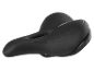 Black gel bicycle saddle with a cutout and the inscription «GEL».