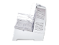 Side view of a white and clear plastic ice maker with vents on the side.