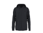 Dark grey hooded sweatshirt with zipper and subtle logo on the chest.