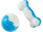 Blue and white rubber pet toys: a ball and a bone.