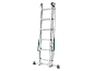 Aluminum telescopic ladder with green straps, on a black background.