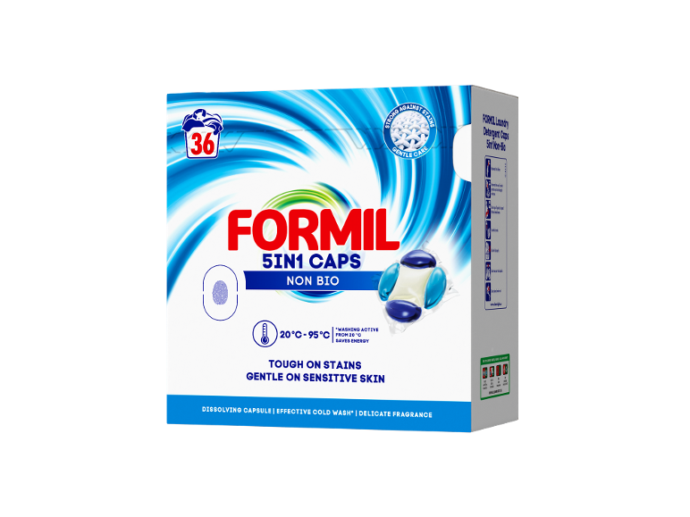 Box of 36 5-in-1 non-bio laundry detergent capsules, with cold wash.
