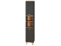 Tall grey cabinet with two closed compartments and two open wooden shelves, on wooden legs.