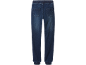 Dark blue denim joggers with an elasticated waistband and cuffs, back pockets.