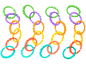 Colorful baby sensory linking rings in green, purple, orange, yellow, red, and teal.