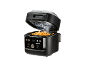 Air fryer with an open lid, full of french fries, displaying '200 °C' and cooking modes.