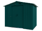 Dark green metal garden shed with double doors and a gabled roof.
