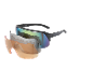Sports glasses with black frames and three interchangeable lenses in various colors.