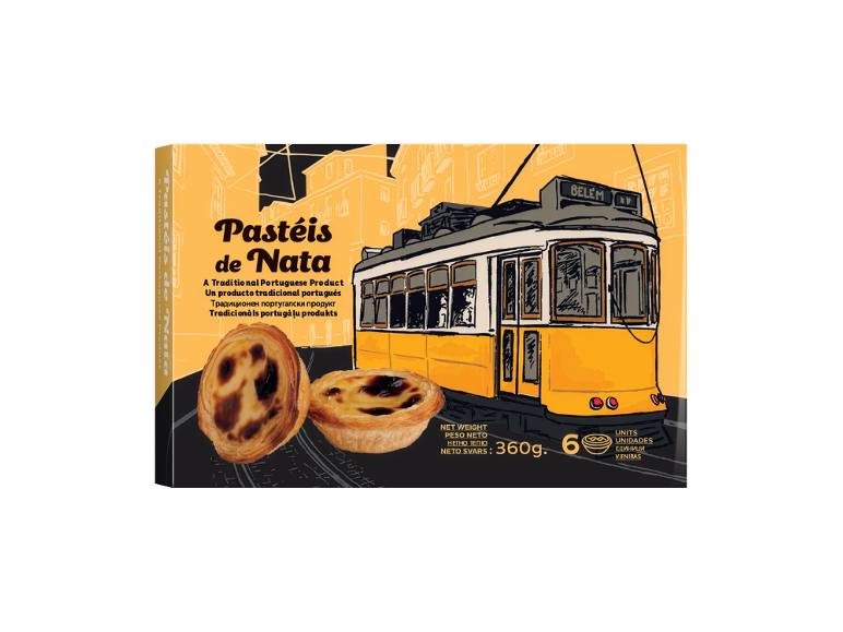 Box of Pastéis de Nata with a Lisbon tram and the text 'A Traditional Portuguese Product'.
