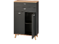 Grey chest of drawers with two drawers and two doors, with light wooden top and legs.
