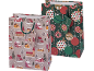 Two Christmas gift bags: one with a snowy village scene, the other with festive ornaments.