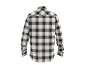 Black and white plaid long-sleeved shirt, back view.