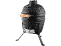Black ceramic kamado grill with an integrated thermometer and a wooden handle with 'GRILL MEISTER' text.