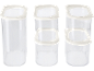 Three transparent, rectangular storage containers with white lids.