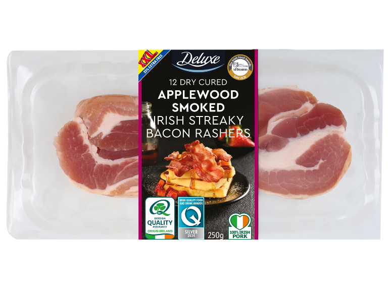 Pack of 12 dry cured, applewood smoked Irish streaky bacon rashers, 250g.