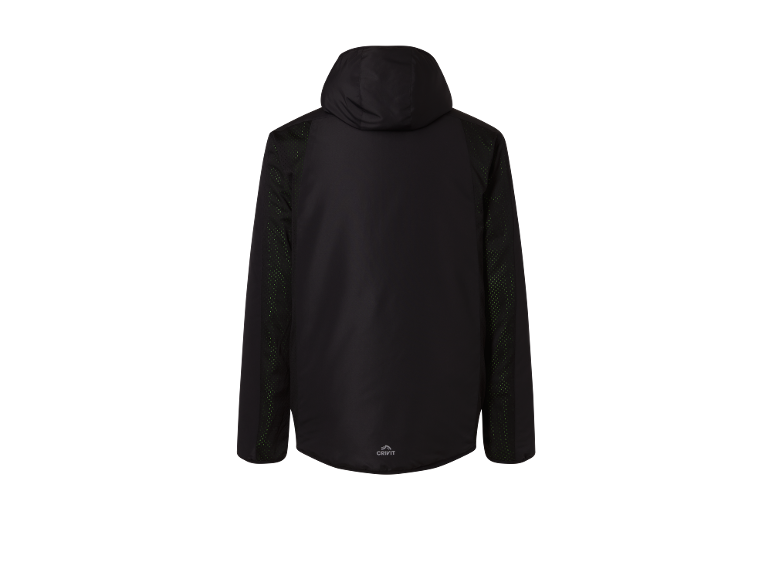 Black sports jacket with a hood and green details on the sleeves.