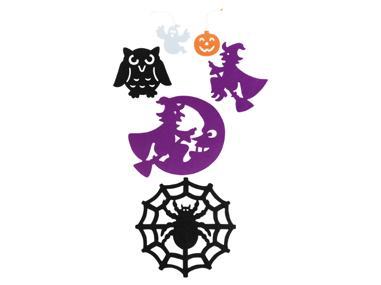 Halloween felt decorations: owl, ghost, pumpkin, witch, and spiderweb.