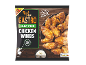 Packaging for mildly spiced chicken wings with extra seasoning, showing cooked wings and a dip.