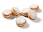 Powdered sugar doughnuts on a white background.