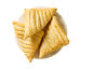 Three golden triangular puff pastries on a white plate.