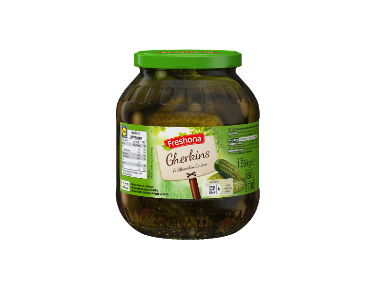 A jar of gherkins and silverskin onions with a green lid and a white and green label.