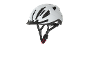 White cycling helmet with a visor and adjustable straps.
