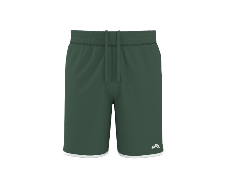 Green athletic shorts with a drawstring and white trim.