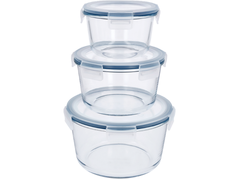 Stack of three round glass food storage containers with blue-rimmed lids