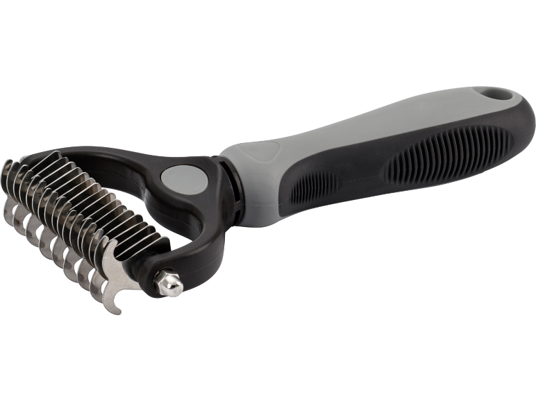 Pet grooming tool with a grey and black handle and metal teeth.