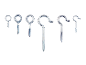 A variety of metal screw hooks and screw eyes in different sizes on a black background.