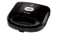 Black sandwich maker with a red and green indicator light and a handle.