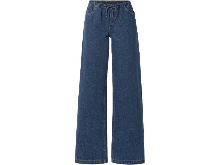 Women's wide-leg jeans in blue denim with an elastic waistband and drawstring.