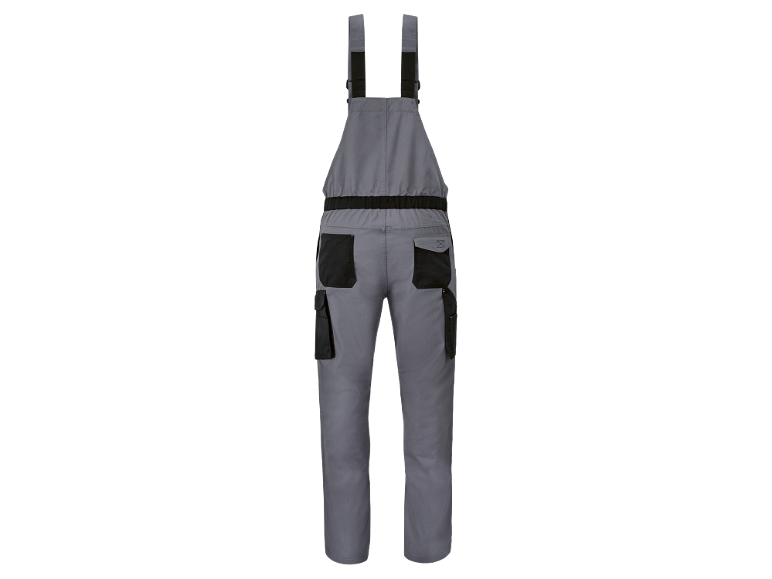 Grey work dungarees with black pockets.