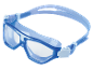 Blue swimming goggles with clear lenses and adjustable strap