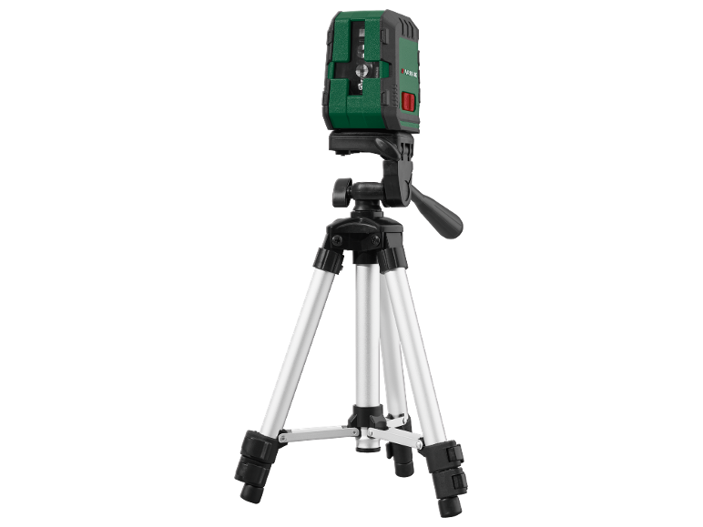 Laser level on a tripod with green accents.