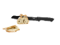 Black serrated knife cutting a loaf of bread, with two slices beside it.