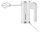 White electric hand mixer with a metal whisk.