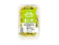 White seedless grapes in a plastic container, with a green label indicating they are sweet and juicy.