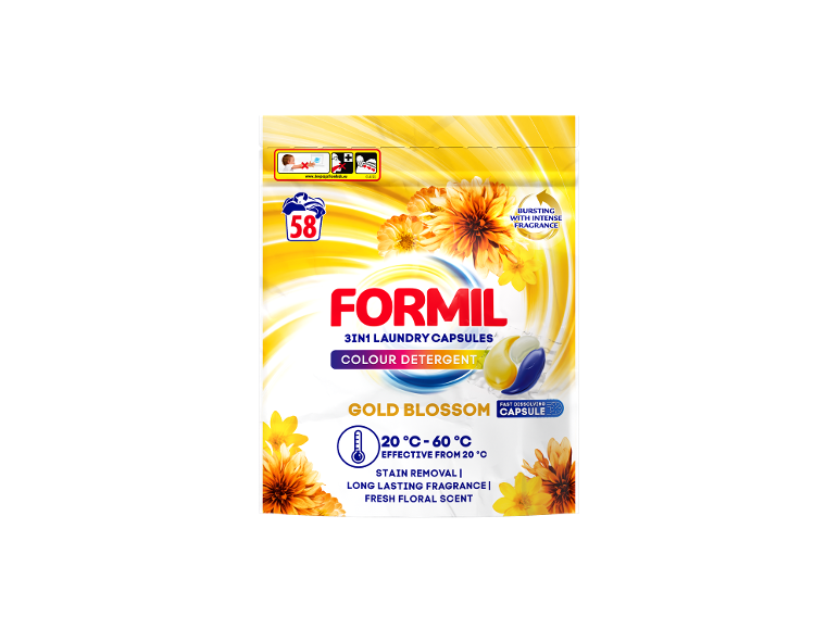 3-in-1 color detergent capsules with a floral scent, 58 count.