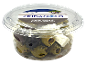 Kalamata and green olives without stones with feta in a transparent container, Greek style.