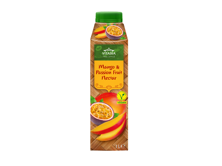 Mango and passion fruit nectar in a bottle, with a vegan label and Thai style.