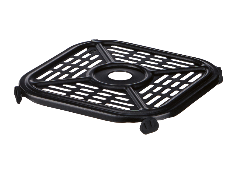 Black air fryer rack with ventilation slots and rubber feet.