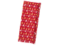 Red wrapping paper with gold and white Christmas trees and 'Merry Christmas' text.