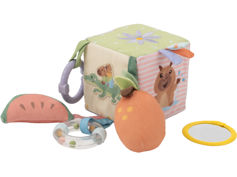 Soft baby cube with animal motifs, rattle, watermelon, and mirror.