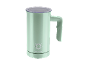 Mint green milk frother with a transparent lid and control buttons.