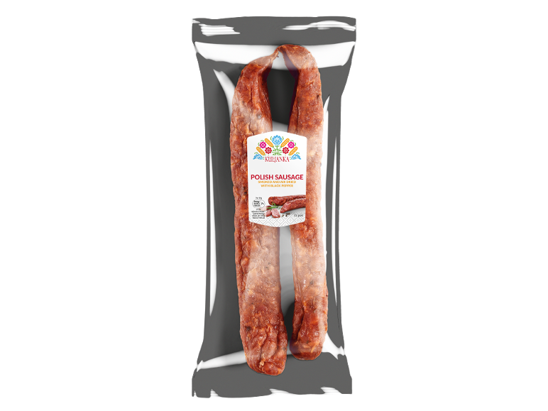 Packaged Polish sausage, smoked and air-dried with black pepper.