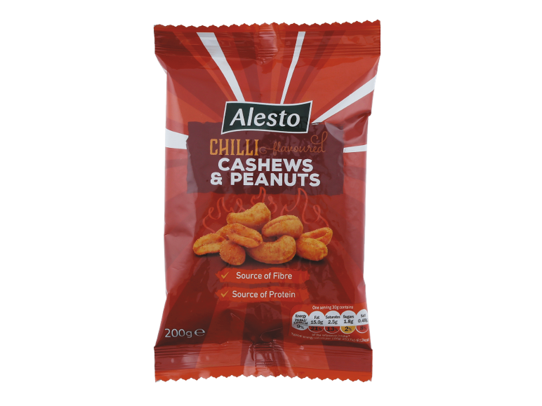 Red bag of chilli flavoured cashews and peanuts, 200g, with nutritional information.