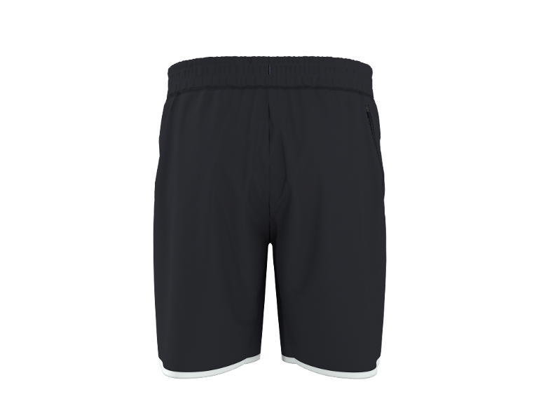 Black athletic shorts with an elastic waistband and white trim.