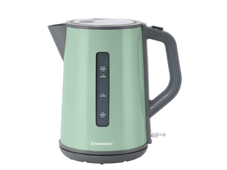 Green electric kettle with a water level indicator and grey accents.
