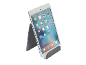 White tablet on a grey stand, with app icons on the screen.